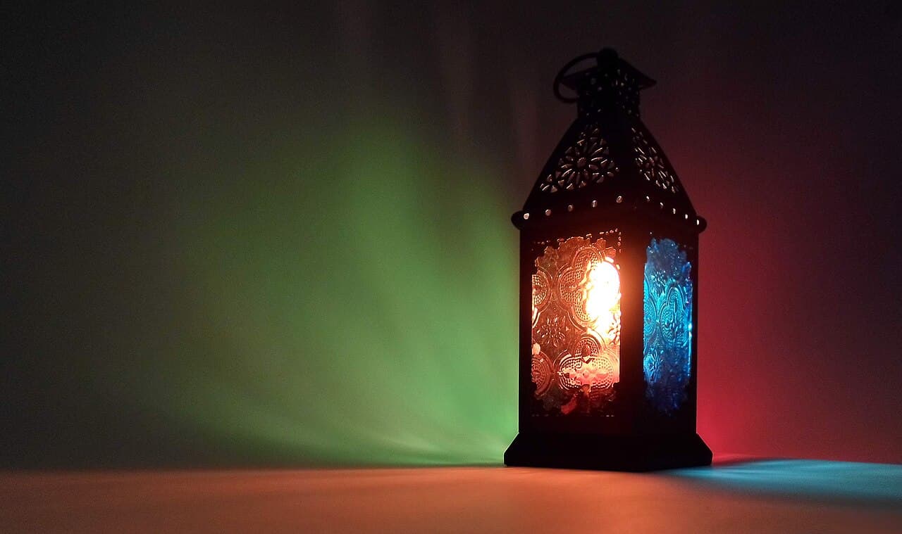 A traditional Ramadan fanous lantern lit at night