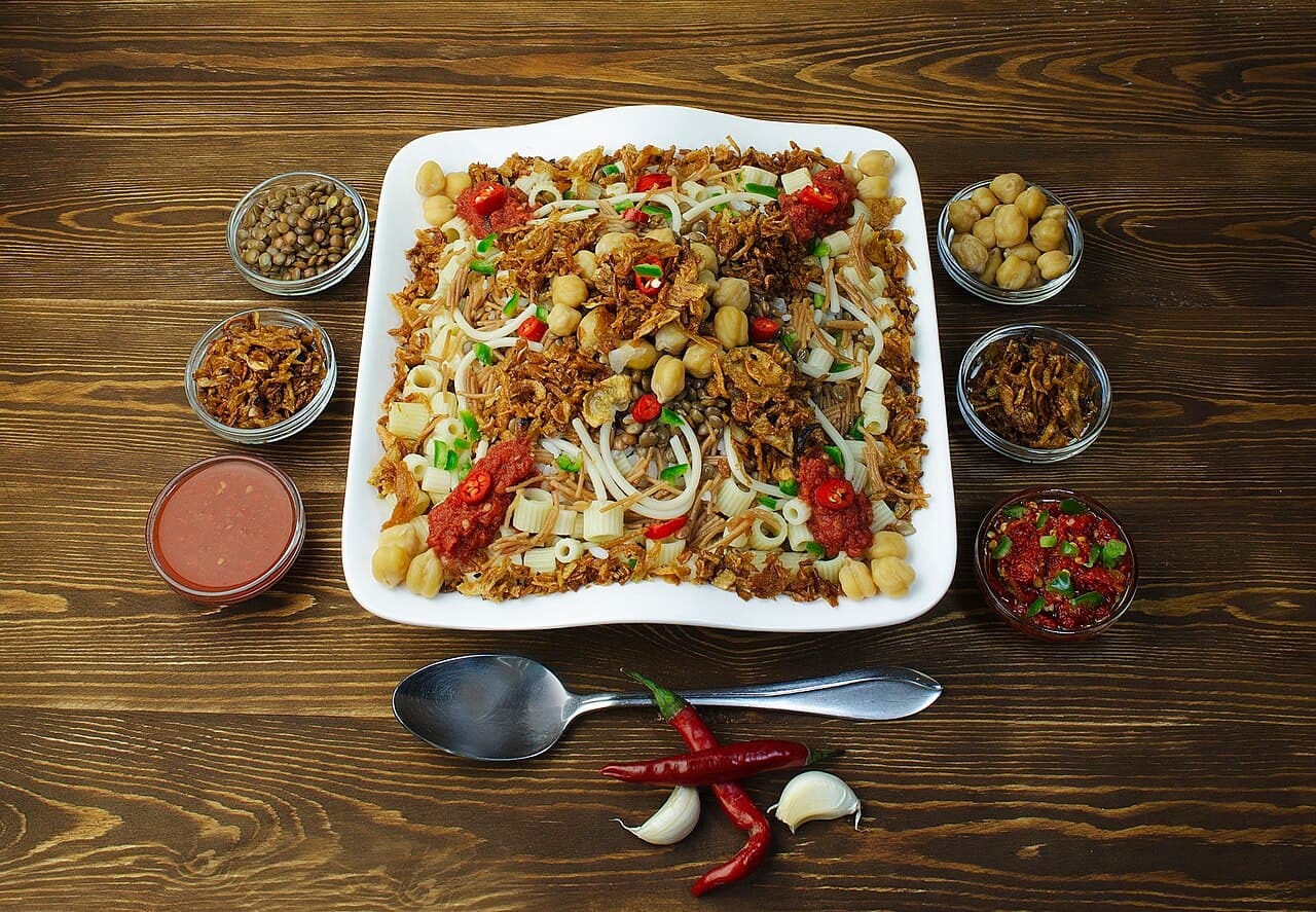 A bowl of koshary, a wheat-pasta-based Egyptian dish